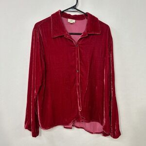 Silk Blend Velvet Button Down Blouse‎ S Red Long Sleeve Romantic Whimsigoth